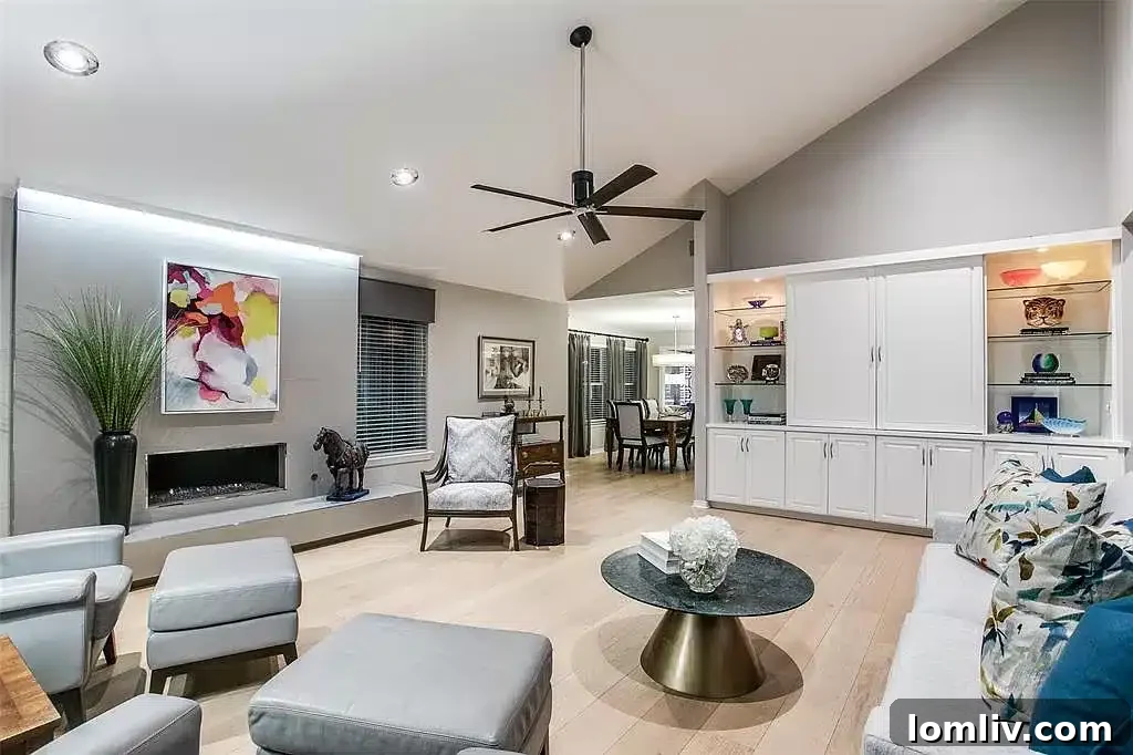 Spacious dining area with built-ins overlooking the yard