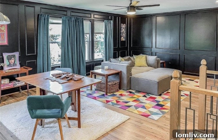 Spacious living room with high ceilings and fireplace