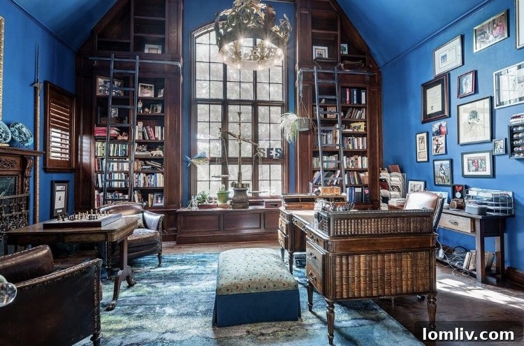Two-Story Library with Rich Wood Paneling