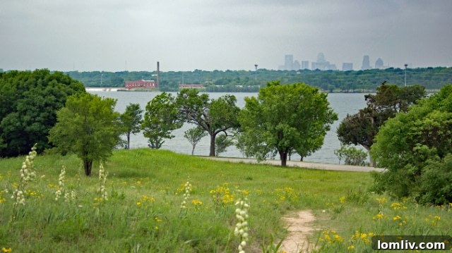 The impressive Dallas skyline seen from Winfrey Point at White Rock Lake, a popular spot for reflection and photography, highlighting the blend of urban and natural beauty.