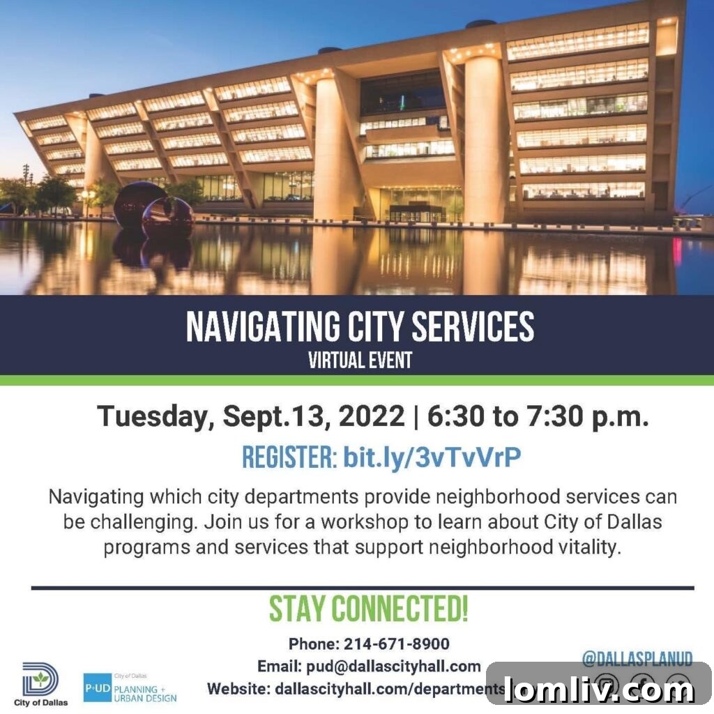 Dallas Empowers Neighborhoods: Virtual Workshop on City Services, September 13 3 Promotional image for Navigating City Services workshop, showing diverse community members engaged in civic activities.