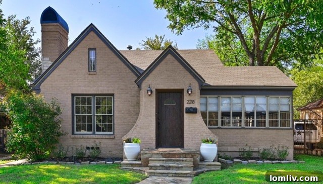 Exterior view of a captivating Tudor-style home at 2218 Carnes Street in Oak Cliff, Dallas.