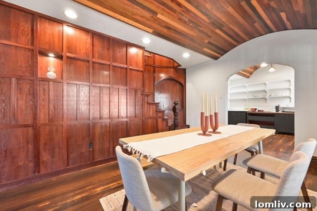 Detail shot of the unique barrel-vaulted ceiling and exposed wooden beams, a signature feature of this Tudor home.