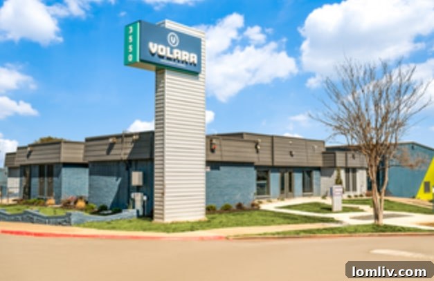 The exterior of Volara Apartments in Dallas, showing renovated features