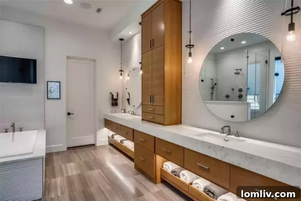 Expansive outdoor entertainment area with pool and lush greenery