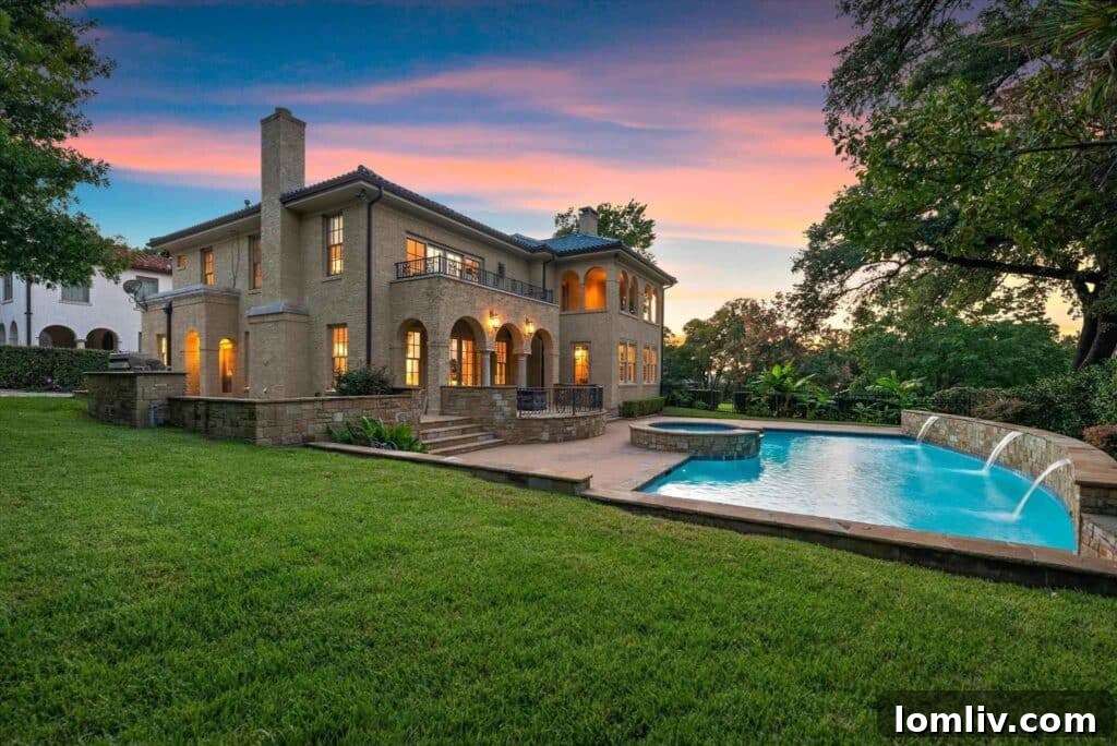 Inviting pool area with stone wall and water features