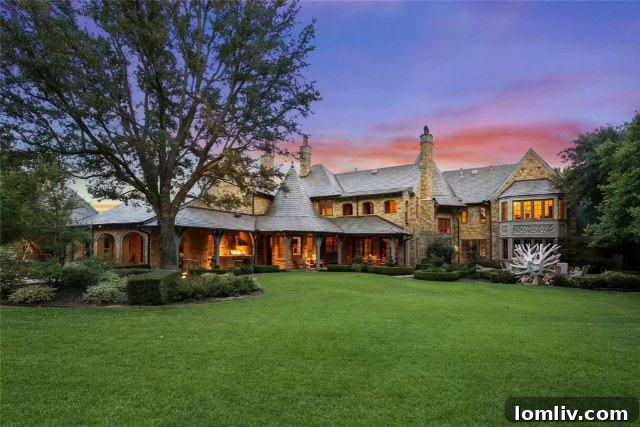 The grand entrance of the English-inspired Vaquero estate at dusk