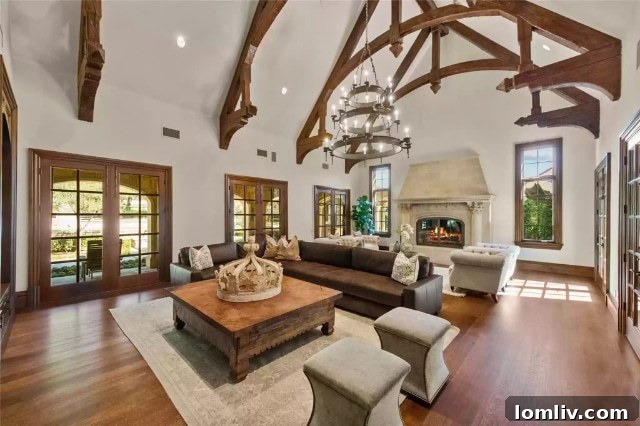 The magnificent great room with vaulted and beamed ceilings in a Vaquero luxury home