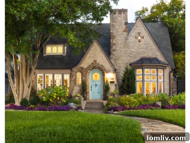 Front exterior view of the fairytale Tudor home on Westlake Avenue, showcasing its charming architectural details and landscaped front yard.