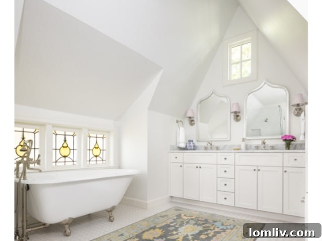 An elegantly styled bathroom featuring a free-standing clawfoot tub by a unique stained-glass window, creating a luxurious and private retreat.