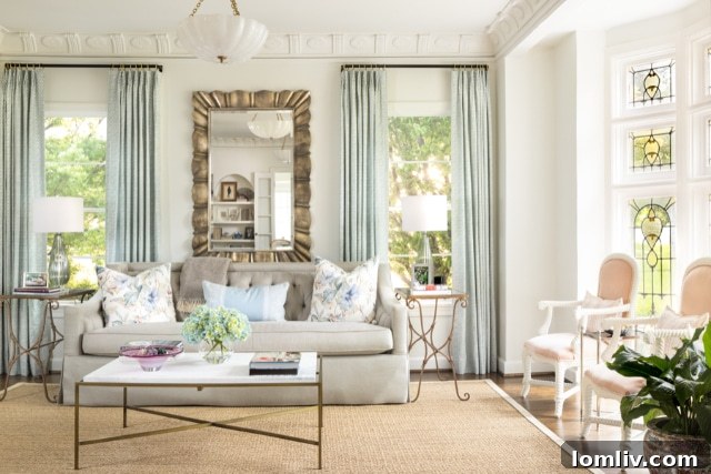 Warm and inviting living room interior of the Lakewood Tudor, featuring elegant furnishings, a fireplace, and abundant natural light.