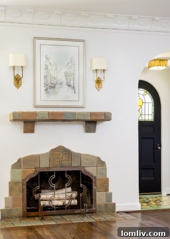 Close-up of the original Batchelder fireplace tiles, highlighting their unique patterns and historic artistry.