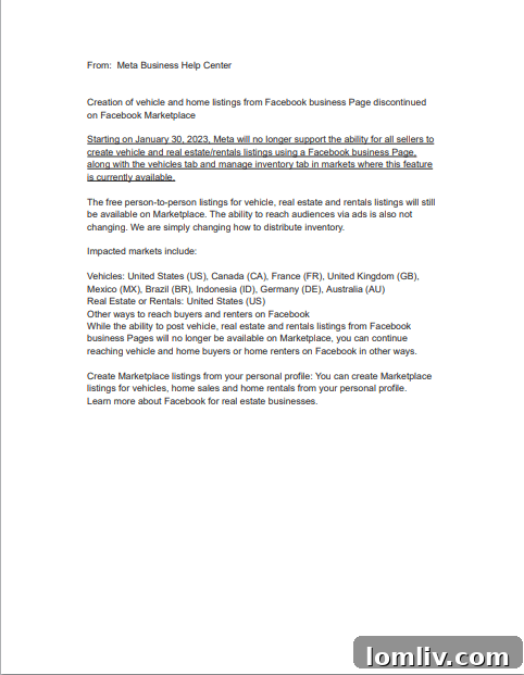 Facebook's New Real Estate Rules: Can Agents Post Listings? 3 Meta Business Help Center email regarding Facebook Marketplace policy updates