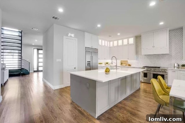 Spacious open-plan kitchen with stainless steel appliances, a large island, and a commercial-grade gas range.