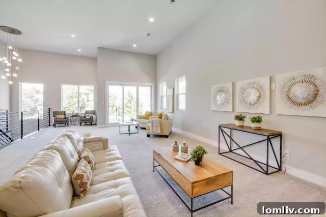 Upper level living area opening to a balcony, featuring high ceilings and stylish decor.