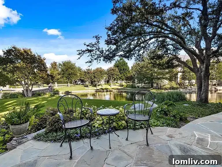 Aerial view of the serene Los Arboles neighborhood, showcasing mature trees and a tranquil pond