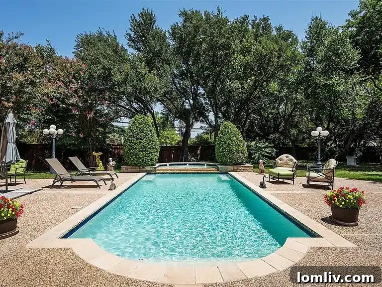 Serene backyard with large pool and mature trees at 2 Manzano Circle