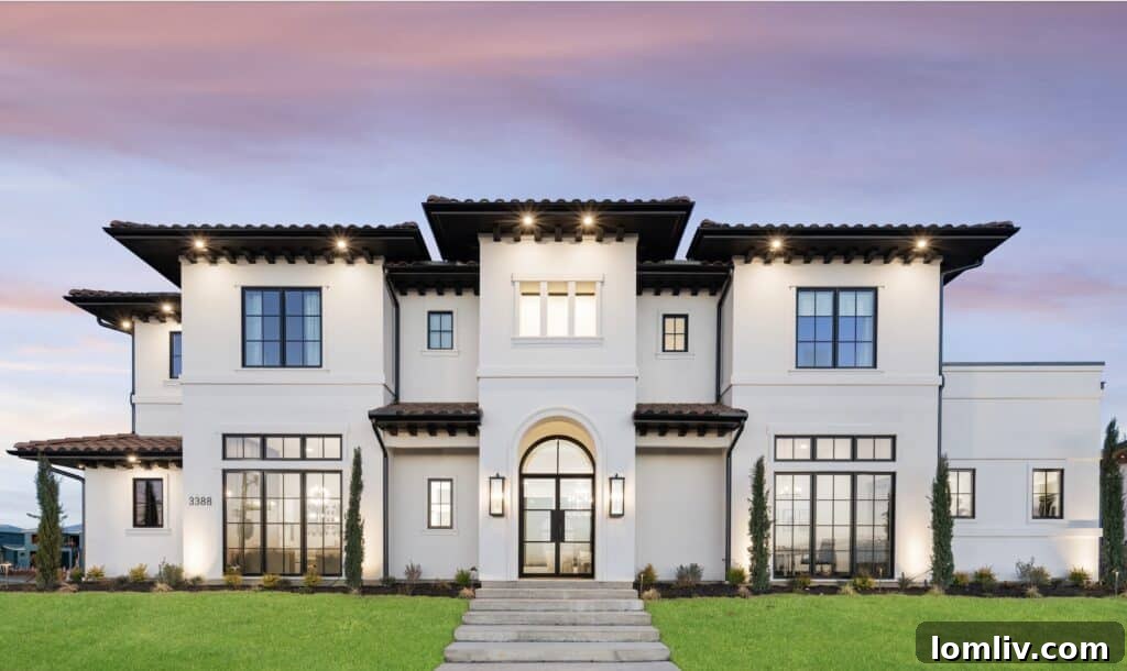 Luxury custom home exterior at twilight, showcasing elegant design