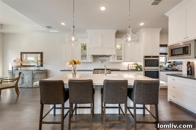 View of the expansive backyard with a meticulously maintained lawn and lush landscaping.