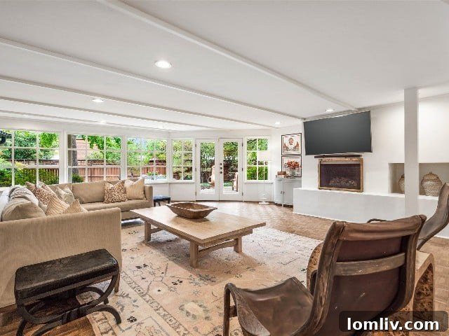 Expansive family room with wall of windows overlooking the backyard
