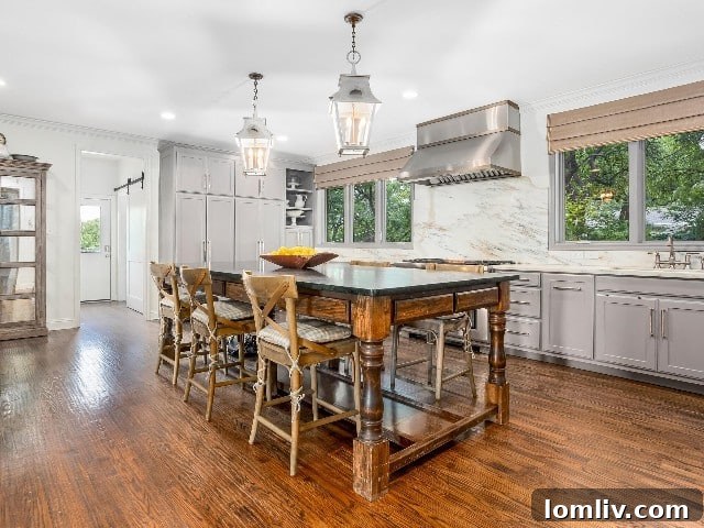 Modern kitchen with large windows and no upper cabinets
