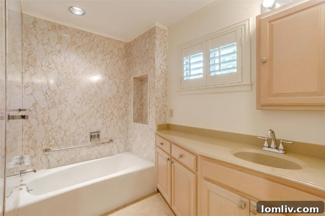 Spacious hallway with wood paneling and natural light