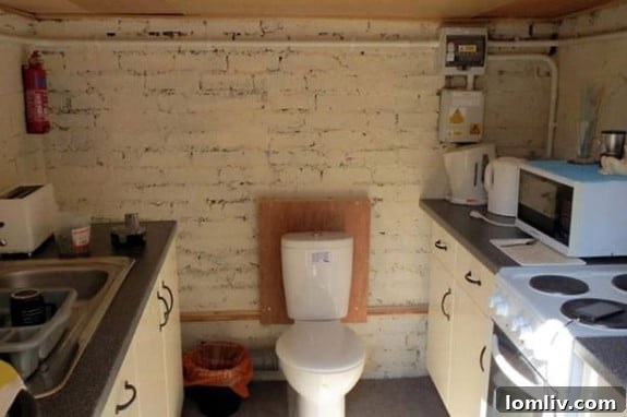 Modern bathroom with an exposed toilet, illustrating a surprising new trend in compact urban living or controversial design choices.