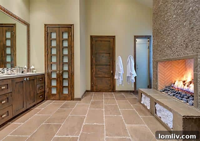 Spa-like master bathroom featuring a unique rock fireplace