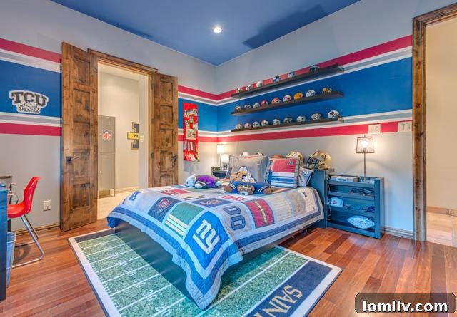 The son's football-themed bedroom, proudly displaying 'SAINTS!'