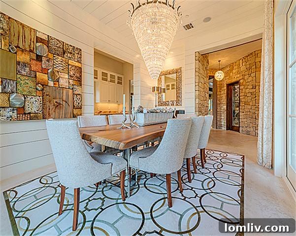 Elegant dining room with high ceilings and sophisticated decor