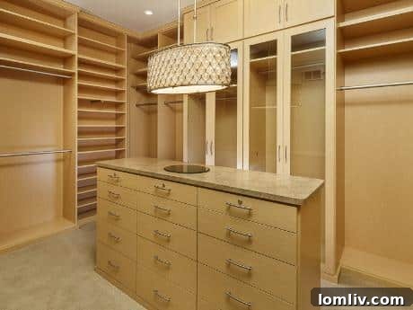 Walk-in master closet with custom built-ins