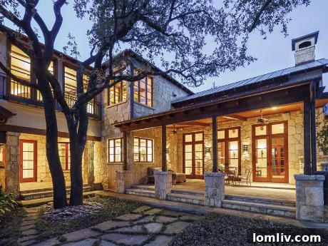 Covered porch overlooking backyard