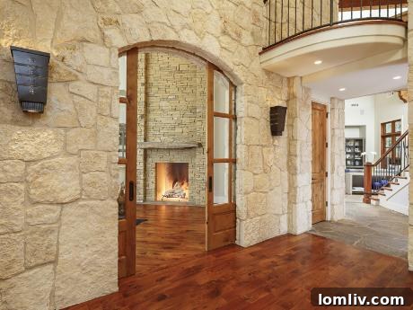 Master suite hallway with stone wall