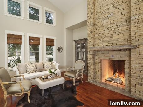 Stacked stone fireplace detail