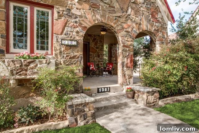 Exterior facade of the Tudor cottage at 5307 Morningside with intricate stone detailing