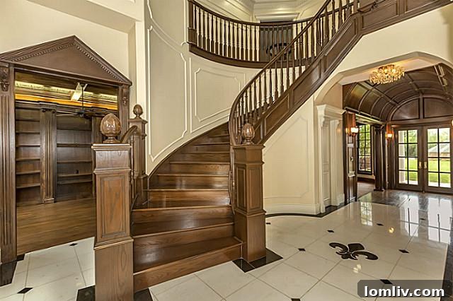 Grand foyer with a magnificent curving staircase and high ceilings, creating a dramatic entrance
