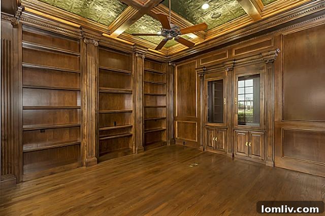Luxurious wood-paneled library or executive study room with built-in bookshelves and comfortable seating