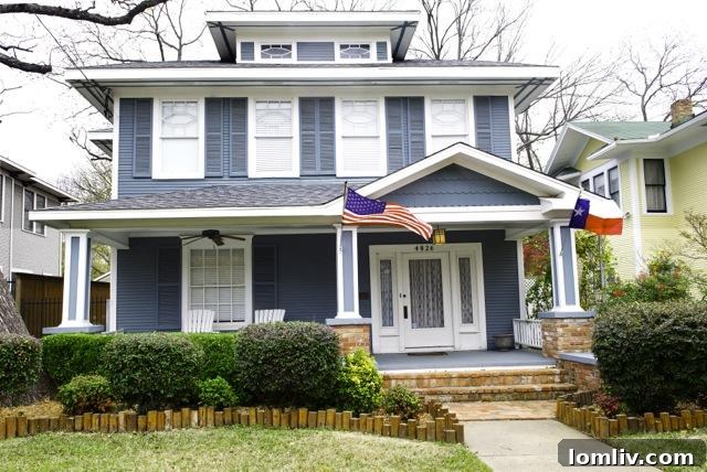 The charming exterior of 4826 Swiss Avenue, a classic Craftsman Prairie Four-square in Dallas.