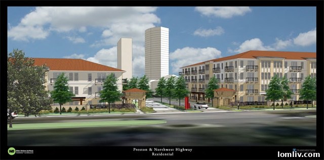 Revised 165-unit residential proposal for Preston Road development by Transwestern, showing tiered height and integrated traffic solution.