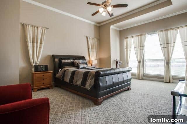 Expansive master bedroom with large windows and city views in a Dallas townhome