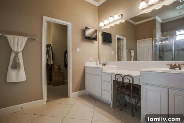 Spa-like master bathroom with dual vanities and walk-in shower in a luxury Dallas home