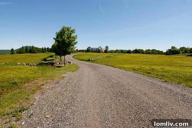 Scenic road leading to a coastal Maine luxury estate