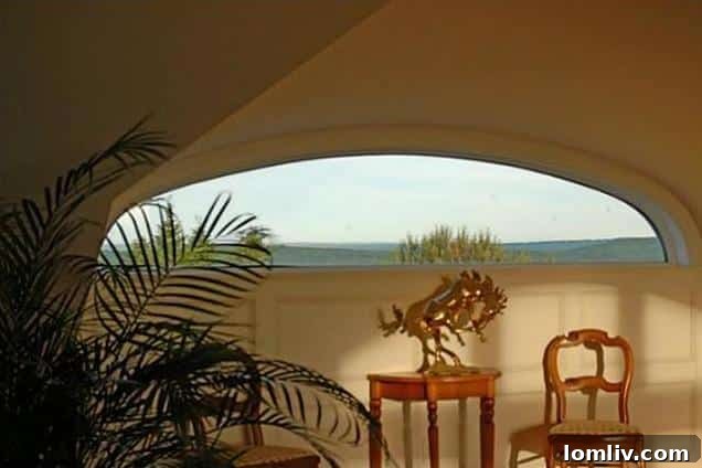 Curved window offering expansive views in a Rockport, Maine home