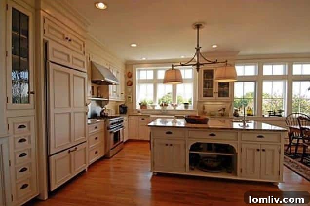 Modern kitchen with island and views in a Maine luxury home