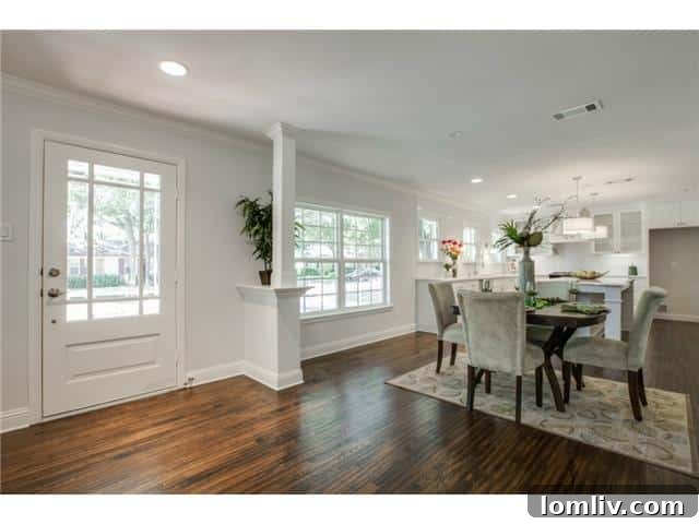 The bright and open entryway of 9836 Gooding Drive, featuring new hardwood floors.