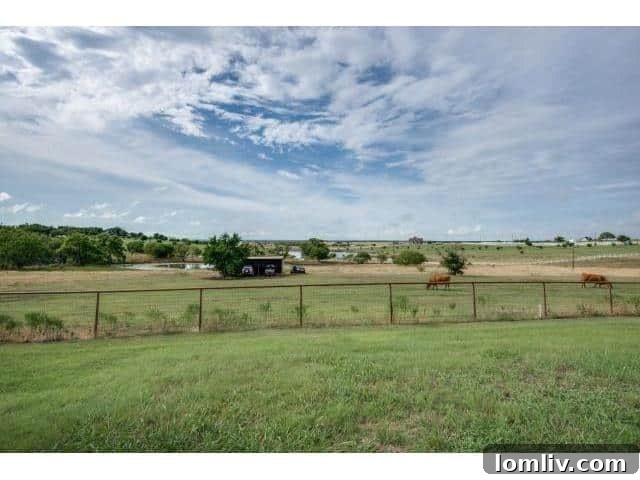 Panoramic view of the vast 11-acre property, highlighting the red barn and open fields