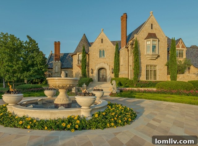 Grand estate entrance with intricate paving and water features at 9806 Inwood Road, Dallas