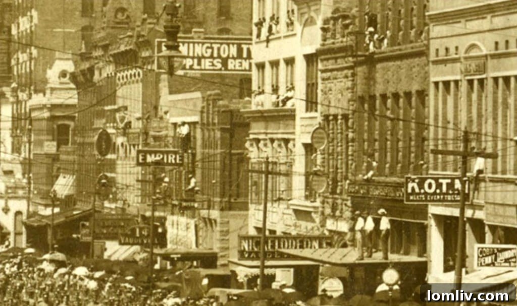 The 1600 block of Main Street in downtown Dallas in 1909, showing historic architecture before demolition for the Joule Hotel expansion.