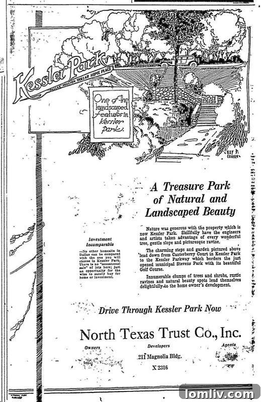 An old brochure for Kessler Park depicts a charming stone stairway, emblematic of the neighborhood's historic character and original design principles.