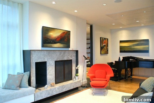 Living room with subtle midcentury modern furniture and decor accents